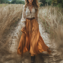 Load image into Gallery viewer, Women's Retro Pastoral Style Lace Long-sleeve Linen Maxi Long Dress