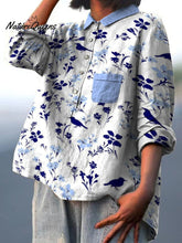 Load image into Gallery viewer, Decorative Pattern of Flowers and Birds In Blue Tones Casual Cotton And Linen Shirt