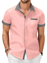 Load image into Gallery viewer, Men's summer cotton and linen houndstooth solid color short-sleeved shirt