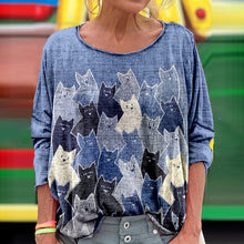 Load image into Gallery viewer, Women's Abstract Geometric Cat Art Print Vintage Linen Crew Neck T-shirt