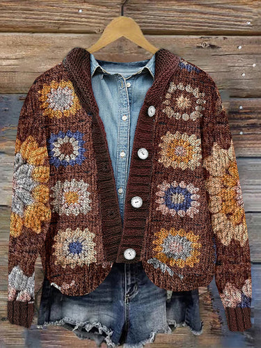 Knitted Crochet Print Hooded Button Down Cardigan