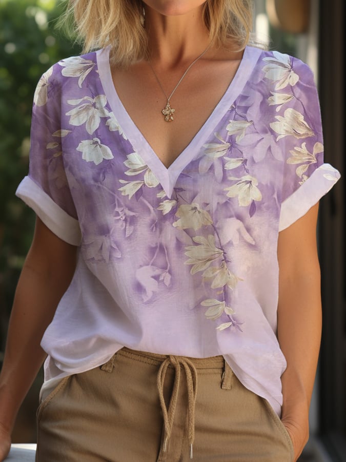 Women's Purple Floral Print  V-Neck T-Shirt