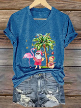 Load image into Gallery viewer, Women&#39;s Christmas Palm Tree Flamingo Print V-Neck T-Shirt