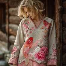 Load image into Gallery viewer, Vintage Pink Koi Floral Embroidery Patchwork Linen Blend Shirt
