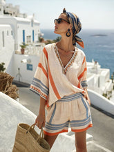 Load image into Gallery viewer, Women's Casual Vacation V-neck Striped Print Top and Shorts Two-piece Set