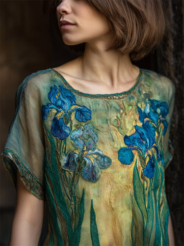 Classy Irises Embroidered Flowy Linen Tunic