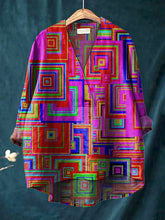 Load image into Gallery viewer, Colorful Geometric Square Pattern Printed Women's Casual Cotton And Linen V-Neck Shirt