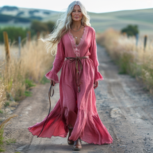 Load image into Gallery viewer, Women's Vintage Pastoral Style V-neck Linen Long-sleeve Maxi Long Dress