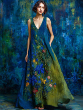 Load image into Gallery viewer, Vintage Floral Embroidered Contrast Linen Sleeveless Maxi Dress