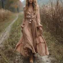 Load image into Gallery viewer, Women's Retro V-neck Country Pastoral Linen Style Long-sleeve Casual Maxi Long Dress