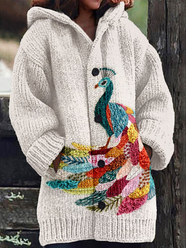 Colorful Peacock Embroidered Cozy Hooded Cardigan