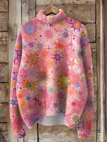 Hand Drawing Style Crayon Star Pattern Printed Knit Turtleneck Pullover Sweater