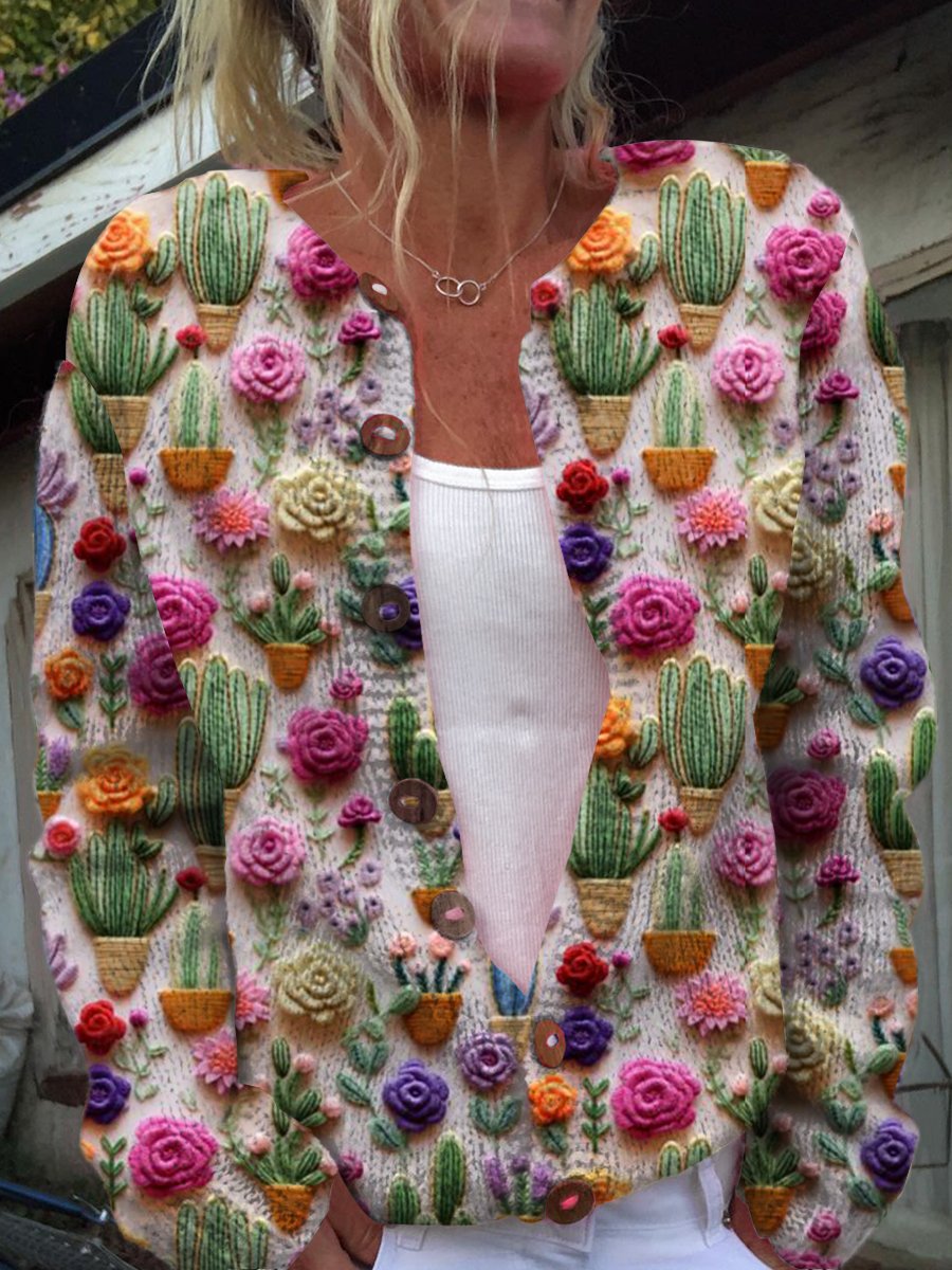 Cute Little Cacti and Small Flowers Print Buttoned Cardigan Sweater