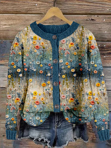 Embroidered Flowers Crew Neck Cozy Knit Cardigan