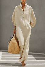 Load image into Gallery viewer, Women's Oatmeal Linen Dress With Mandarin Collar &amp; Dolman Sleeves, Timeless Resort-Casual Style Dress