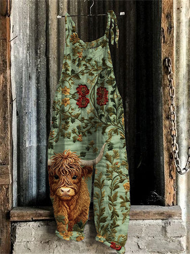 Highland Cow Floral Embroidery Pattern Jumpsuit