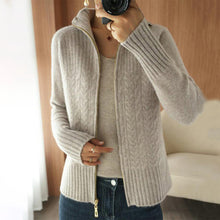 Load image into Gallery viewer, Cable-Knit Apricot Plain Zip V Neck Sweater Cardigan