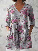 Load image into Gallery viewer, Women's Retro Floral Art Print Casual Cotton And Linen V-neck Top