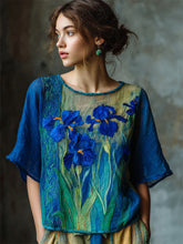 Load image into Gallery viewer, Oil Painting Irises Embroidered Contrast Flowy Linen Tunic