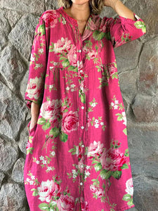 Women's Art Rose Floral Pattern Cotton and Linen Dress with Pockets