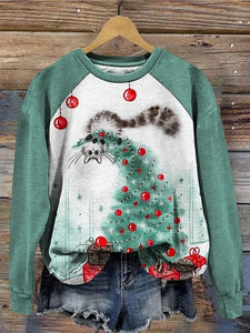 Women's Christmas Cat Christmas Tree Print Sweatshirt