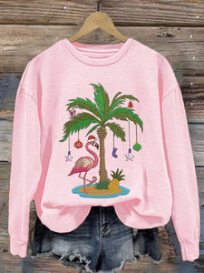 Women's Christmas Palm Tree Flamingo Embroidery Print Casual Sweatshirt