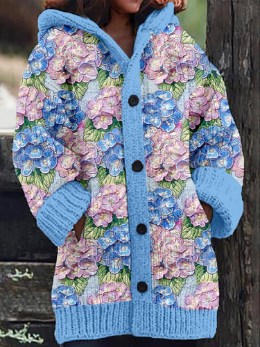 Hydrangea Embroidery Art Cozy Hooded Cardigan