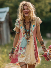 Load image into Gallery viewer, Women's Floral Patchwork Art Short-sleeved V-neck Dress