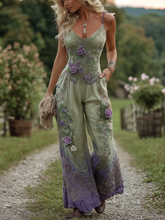 Load image into Gallery viewer, Vintage Classy Gradient Purple Lavender And Floral Embroidered Pattern Art Cotton Linen Jumpsuit
