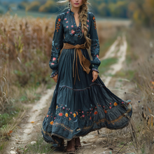 Load image into Gallery viewer, Women's Vintage V-neck Floral Bohemian Pastoral Style Long-sleeved Maxi Long Dress