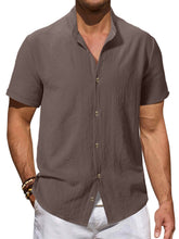 Load image into Gallery viewer, Men's summer stand collar cotton and linen solid color pleated texture comfortable short-sleeved shirt