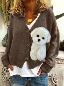 Fluffy Bichon Dog Plush Cozy Knit Cardigan