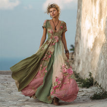 Load image into Gallery viewer, Vintage Pink Roses Gradient Patchwork Flowy Linen Maxi Dress