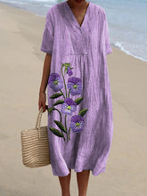 Load image into Gallery viewer, Embroidery Style Purple Pansy Floral Printed Women's Flowy Dress