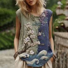 Load image into Gallery viewer, Classy Gradient Japanese Sakura Cherry Blossoms And Sea Wave Embroidered Pattern Linen Tank Top