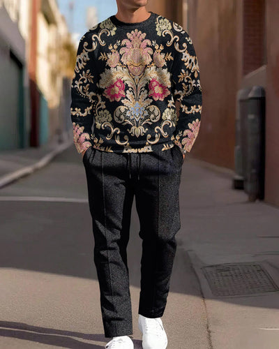 Men's Geometric Floral Round Neck Casual Sports Suit