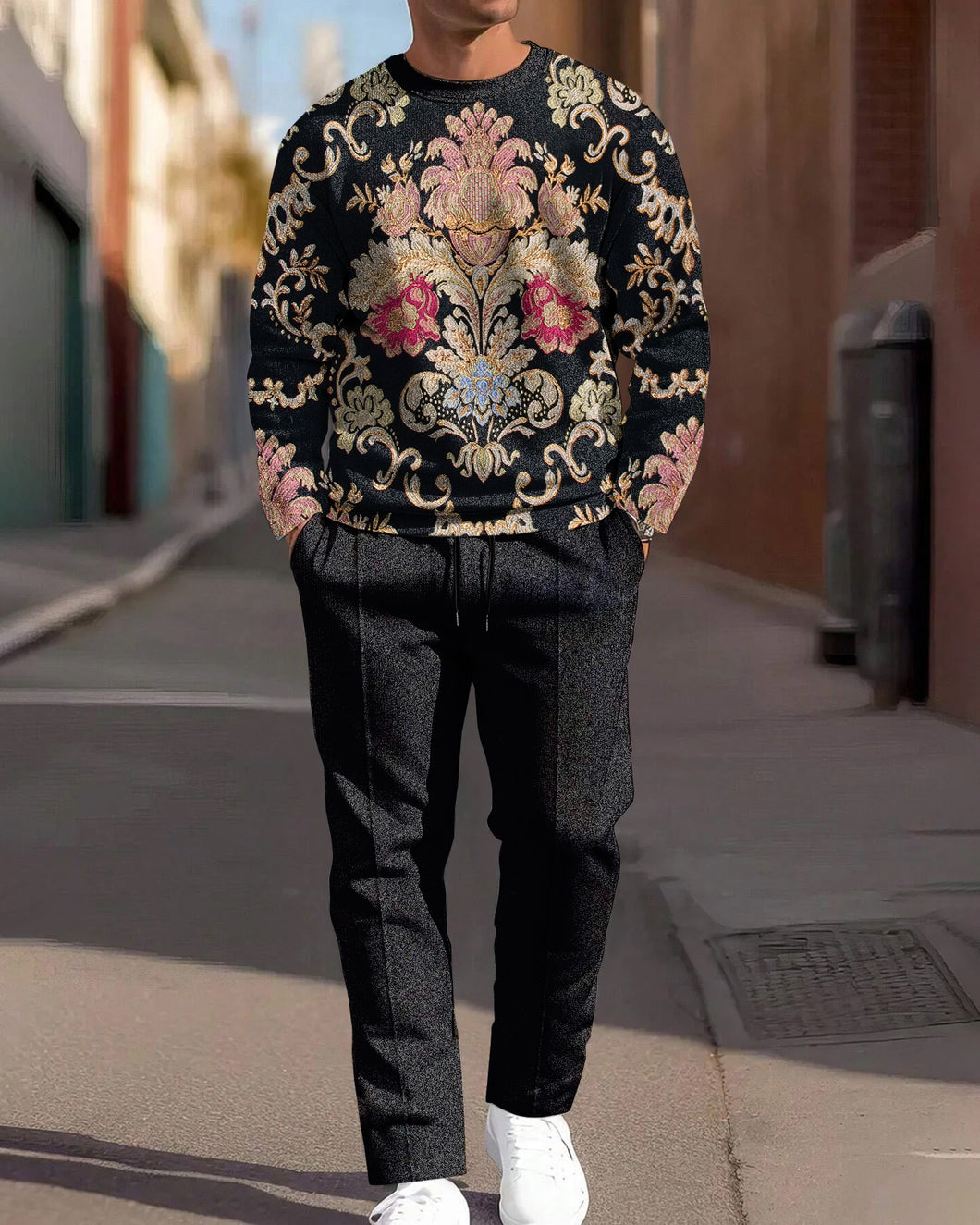 Men's Geometric Floral Round Neck Casual Sports Suit