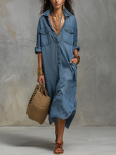Load image into Gallery viewer, Casual Bohemian Style Washed Blue Shirt Dress