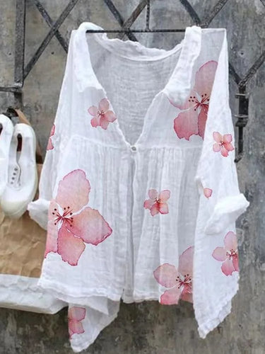 Women's Watercolor Floral Print Casual Cotton Linen Shirt