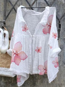 Women's Watercolor Floral Print Casual Cotton Linen Shirt
