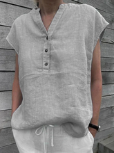 Load image into Gallery viewer, Greattioa-Cotton Linen Shirt Ladies Casual V-Neck Button Short Sleeve Solid Color Top