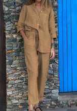 Load image into Gallery viewer, Casual Solid Color V-Neck Shirt &amp; Pants Cotton Linen Two-Piece Set