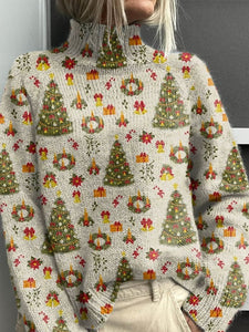 Women's Literary Merry Christmas Floral Print Casual Turtleneck Top