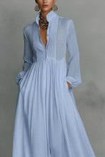 Load image into Gallery viewer, Casual Cotton Linen Maxi Dress High Waist Stand Collar Daily