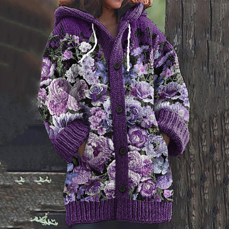 Floral Print Cozy Hooded Cardigan