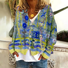 Load image into Gallery viewer, Vintage Floral Print V-Neck Long Sleeved Knitted Cardigan