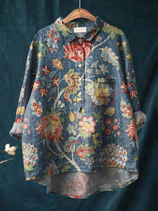 Women's Vintage Floral Art Print Casual Cotton And Linen Shirt