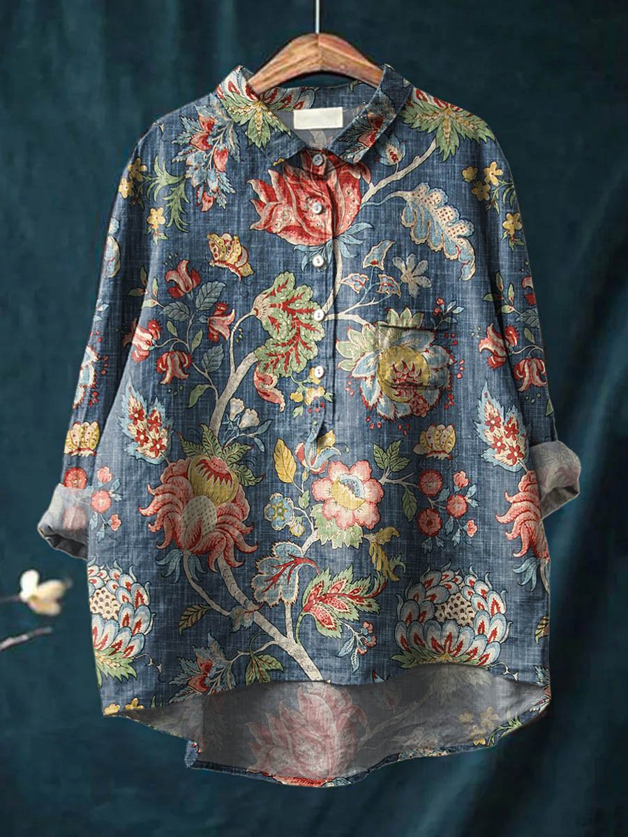 Women's Vintage Floral Art Print Casual Cotton And Linen Shirt