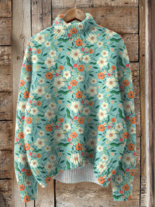 Vibrant Summer Garden Floral Pattern Printed Knit Turtleneck Pullover Sweater