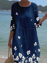 Load image into Gallery viewer, Women's Casual  Round Neck Mid Sleeve Print Cotton and Linen Dress